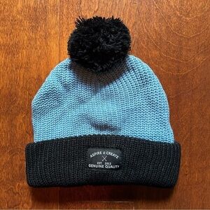Aspire and Create Knitted Beanie with PomPom, Blue and Black, Unisex, NWOT